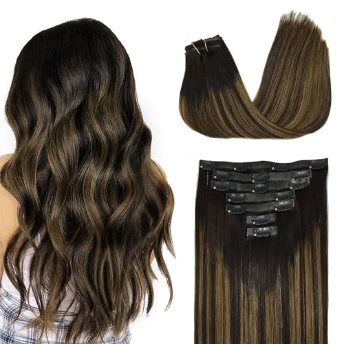 GOO GOO Clip in Hair Extensions Real Human Hair, Remy Human Hair Extensions Clip ins for Women, Natural Human Hair, 18inch 130g 7Pcs, 1B/6/1B Balayage Natural Black to Chestnut Brown
