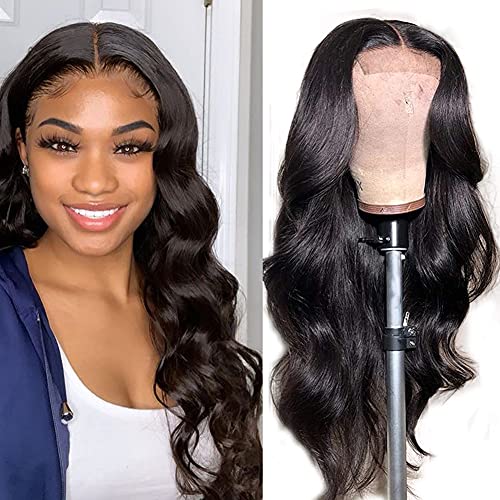 Lace Closure Wigs Human Hair Body Wave Brazilian Virgin Body Wave Human Hair Wigs for Black Women Wavy Human Hair Wig 4x4 Lace Front Wigs Pre Plucked Bleached Knots (24inch)