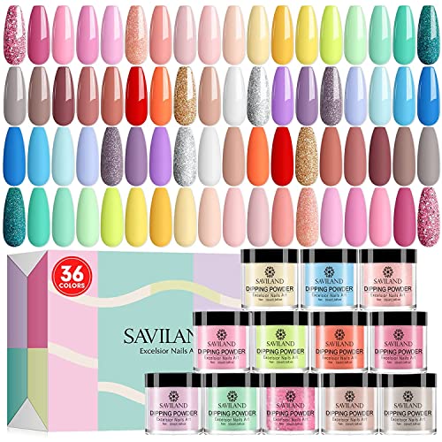 Saviland Dip Powder Nail Kit - 36 Glitter Dip Powder Colors Nail Dip Powder Kit Quick Dry Dip Powder Set Dip Nails Powder Starter Kit for Beginners Salon Home DIY, No Lamp Needed