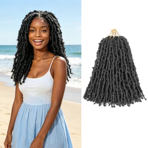 GUOHUI Super Light Butterfly Locs Crochet Hair 14 Inch 6 Packs Pre-Looped Soft Distressed Faux Locs Braids for Women Kids (14 Inch,1B#)