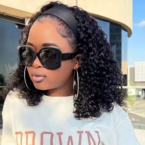 AISI 12 Inch Headband Wig Human Hair Curly Wave Headband Wigs for Black Women Brazilian None Lace Front Wigs Glueless Deep Wave Human Hair Natural Black Headband Wig (150% Density)