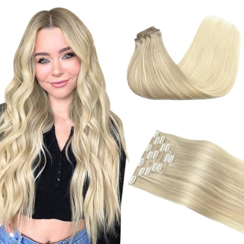 GOO GOO Clip in Hair Extensions Real Human Hair, Remy Human Hair Extensions Clip ins for Women, Natural Human Hair, 20inch 150g 7Pcs, 17/22/60 Balayage Ash Blonde and Platinum Blonde