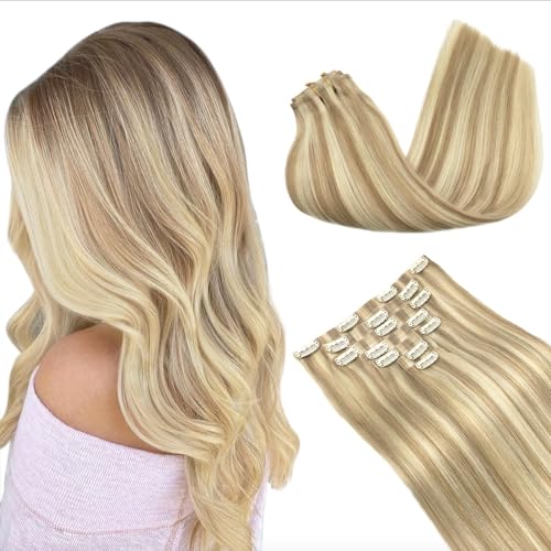 GOO GOO Clip in Hair Extensions Real Human Hair, Remy Human Hair Extensions Clip ins for Women, Natural Human Hair, 16inch 130g 7Pcs, 18A/613A Dark Blonde Highlighted Bleach Blonde