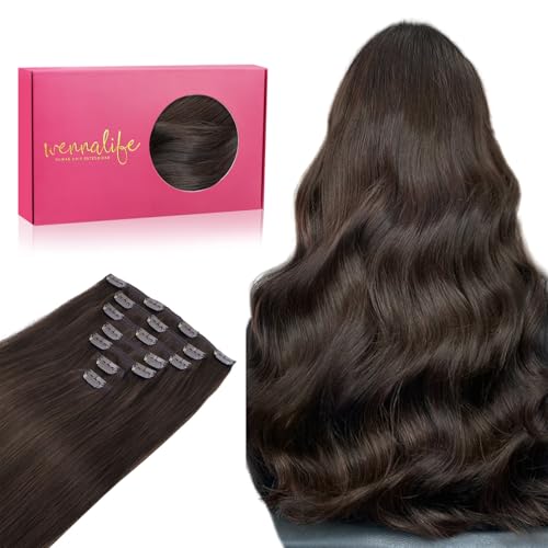 WENNALIFE Clip in Hair Extensions Real Human Hair, 22 Inch 120g 7pcs Light Dark Brown Hair Extensions Clip in Human Hair Remy Clip in Hair Extensions Real Human Hair Double Weft