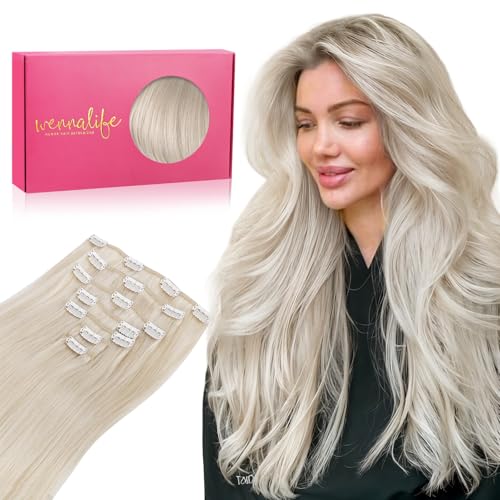 WENNALIFE Clip in Hair Extensions Real Human Hair, 16 Inch 120g 7pcs Platinum Blonde Hair Extensions Clip in Human Hair Remy Clip in Hair Extensions Real Human Hair Double Weft