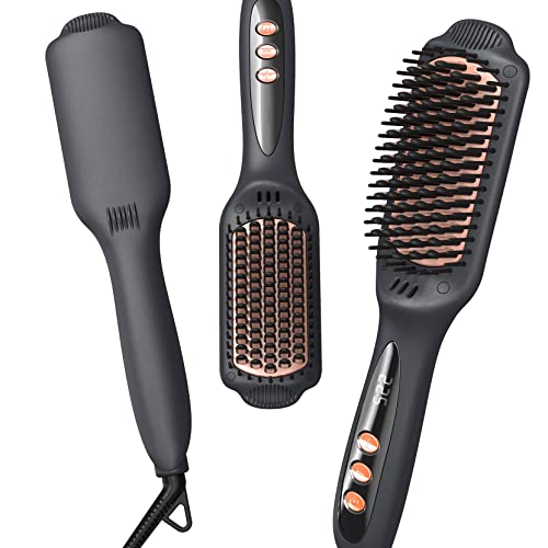 LANDOT Hair Straightener Brush Straightener Negative Ion Ceramic Heated Hot Flat Iron Brush for Smooth Frizz-Free Hair - Dual Voltage & 12 Temp Settings 250F to 450F Fit All Hair Types