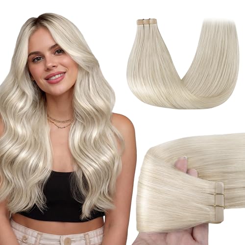 GOO GOO Tape in Hair Extensions Human Hair, 60A Platinum Blonde, 16inch 50g 20pcs, Skin Weft Seamless Invisible, Silky Straight with Thick Ends, Remy Human Hair
