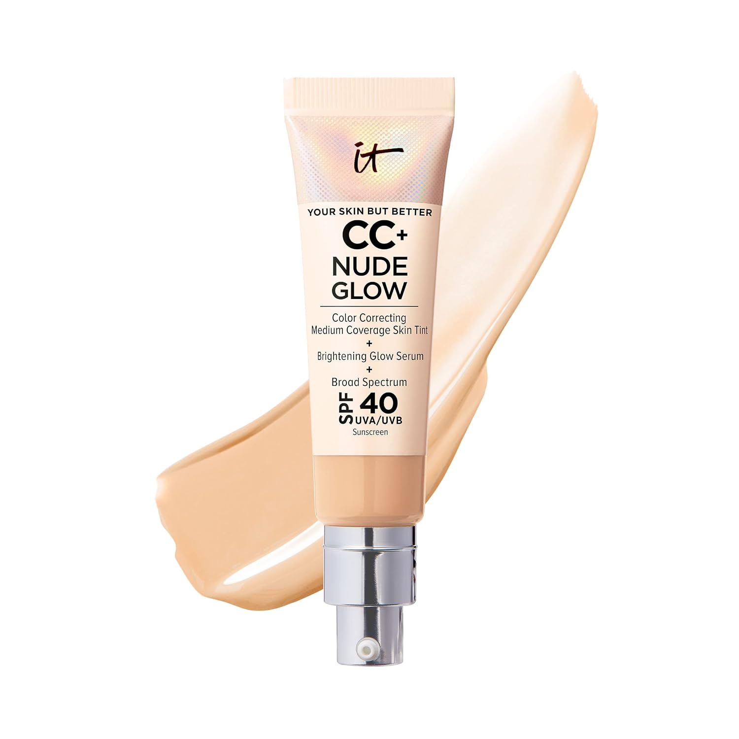 IT Cosmetics CC+ Nude Glow - Medium Coverage Foundation with SPF 40 & Brightening Glow Serum, Lightweight Skin Tint, 2% Niacinamide + Hyaluronic Acid, Up to 24H Hydration, Normal/Dry Skin - 1.08 fl oz