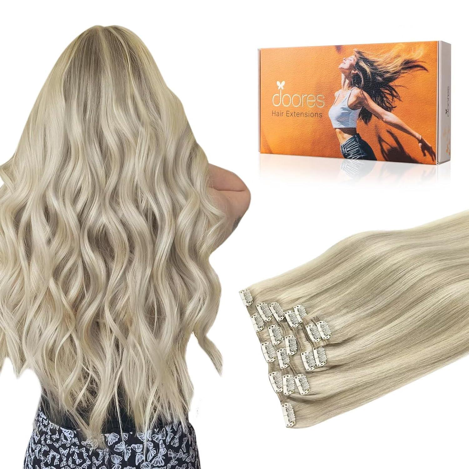 DOORES Clip in Hair Extensions Real Human Hair, Balayage Ash Blonde Highlighted Platinum Blonde 120g 7pcs 18 Inch Natural Straight Thick