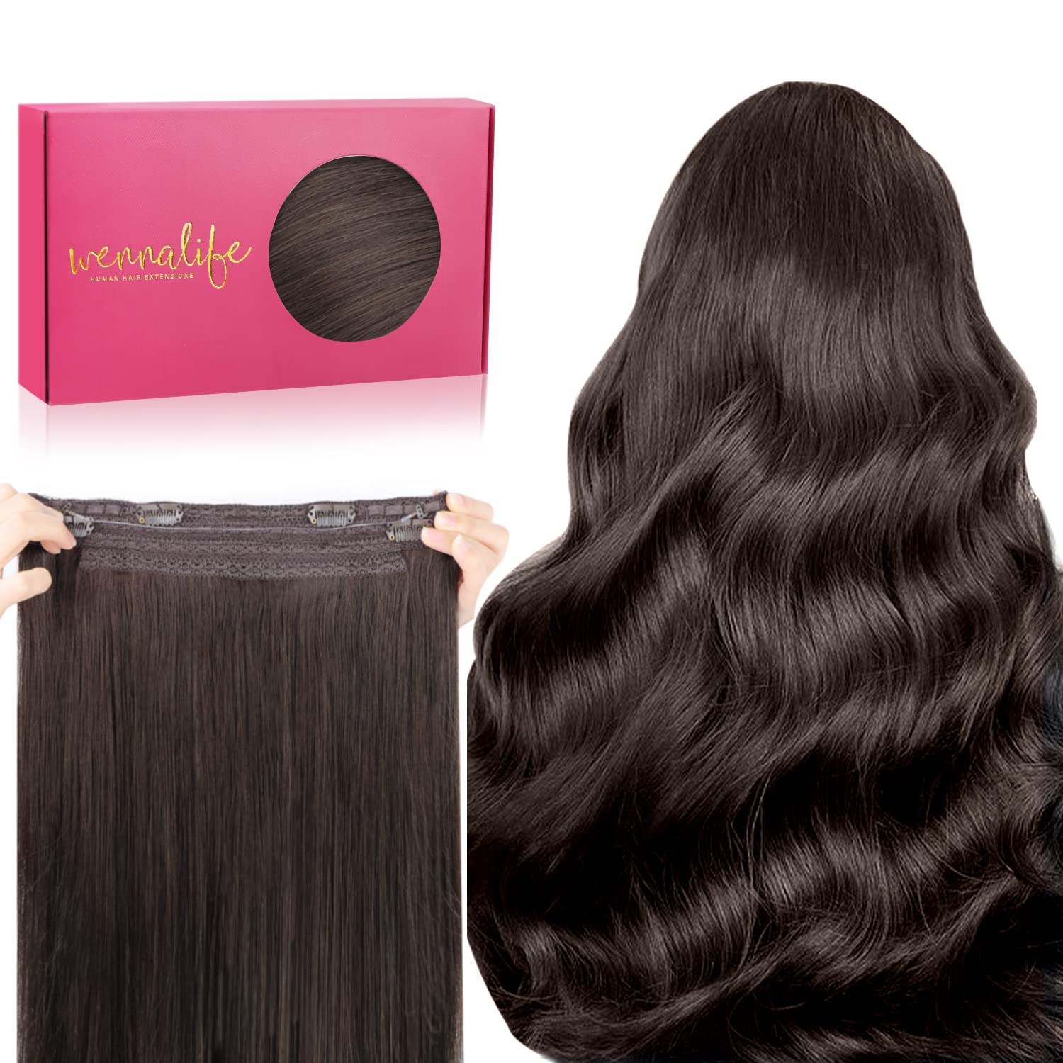 WENNALIFE Wire Hair Extensions (Increase 50% Lifespan) Real Human Hair 14 inch 75g Light Dark Brown Remy Wire Hair Extensions Invisible Transparent Fish Line Straight Real