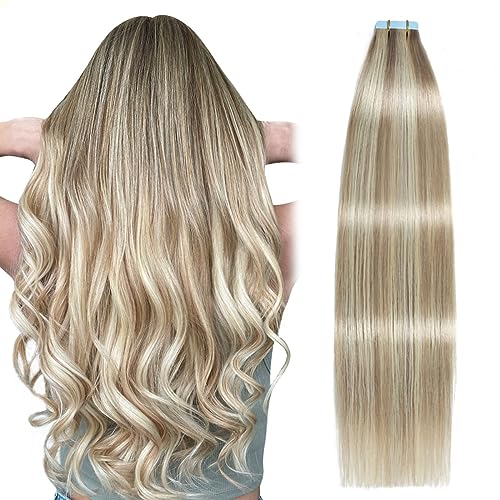 SUYYA Tape in Hair Extensions Human Hair Ash Blonde Highlighted Bleach Blonde 18 Inch 50g/pack 20pcs Straight Seamless Skin Weft Tape in Real Human Hair Extensions(18inch #P18/613)