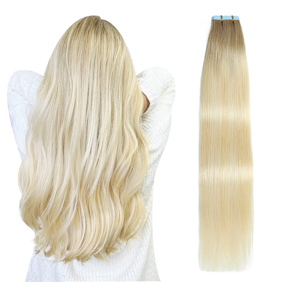 SUYYA Tape in Hair Extensions Human Hair Balayage Ash Blonde to Medium Blonde and Platinum Blonde 20 Inch 50g/pack 20pcs Straight Seamless Skin Weft Tape in Real Hair Extensions(20inch #P22/60/T18)