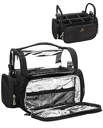 Makeup Brush Case, Stand-up Makeup Brush Holder Travel Makeup Bag Large Professional Makeup Artist Storage Cup Clear Waterproof Cosmetic Organizer Bag with Adjustable Strap and Dividers (Black)