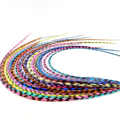 21 Rainbow Grizzly Color Hair Extensions  914 Long  DIY Rooster Kit with 20 Micro-Link Beads  100% Real Feathers  Eye-Catching Boho Style
