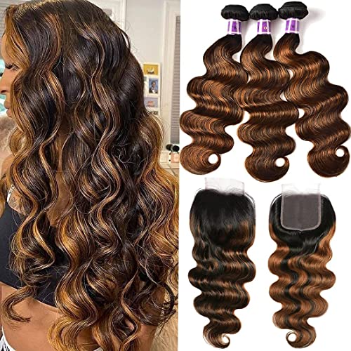 UNICE Brown Highlight Body Wave Human Hair 3 Bundles with 4x4 lace closure Free Part, Brazilian Remy Hair Ombre Human Hair Wavy Weaves FB30 Color 22 24 24+20 Closure
