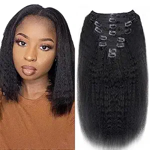 Mihugass Clip in Hair Extensions Human Hair Kinky Straight Silky Virgin Hair Clip in Full Head 12 Inch Unprocessed Brazilian Remy Human Hair for Black Women 8pcs with 18 Clips 120 Gram Per Set