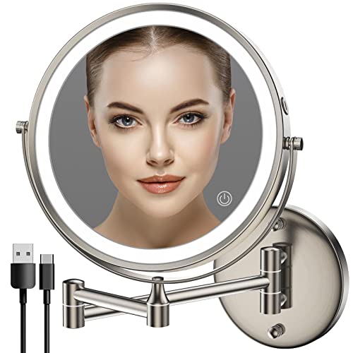 Rocollos Rechargeable Wall Mounted Lighted Makeup Mirror, 8 Inch Double-Sided LED Vanity Mirror 1X/10X Magnification,3 Color Lights Touch Screen Dimmable 360Swivel 13 Inch Extendable