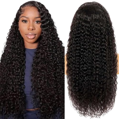13x6 Deep Wave Lace Front Wigs Human Hair Curly 13x6 HD Lace Frontal Wigs for Women 200% Desnity Glueless Wig Pre Plucked Super Soft Natural Black Color 24 Inch