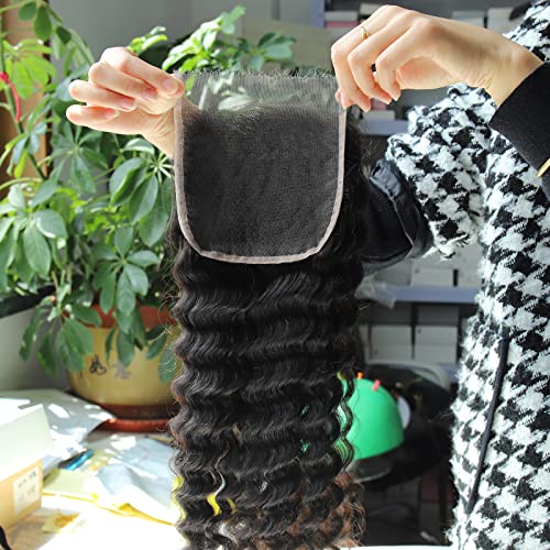 BEEOS Deep Wave 5x5 SKINLIKE Real HD Lace Closure Only, 0.10mm Ultra-thin Melted Swiss Lace Bleached Knots Pre-plucked Natural Hairline Natural Black Color 18 Inch
