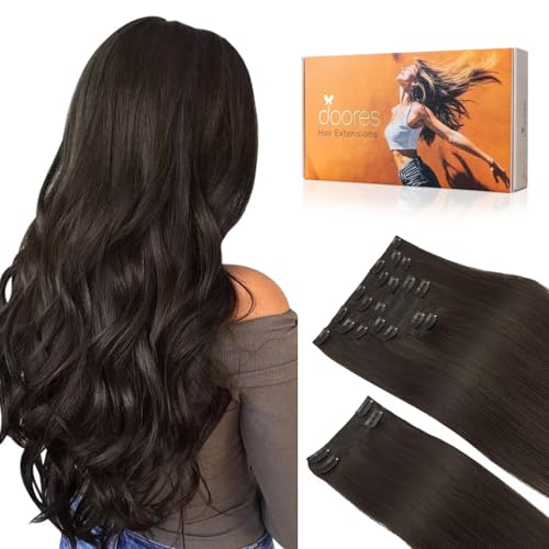 DOORES Human Hair Extensions Clip in, Dark Brown 9pcs