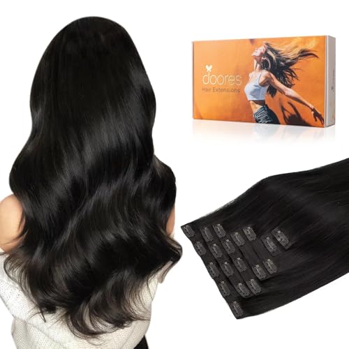 DOORES Seamless Clip-in Real Human Hair Extensions, Natural Black 20 Inch 110g 7pcs, Remy Hair Extensions Straight Invisi Edge Weft