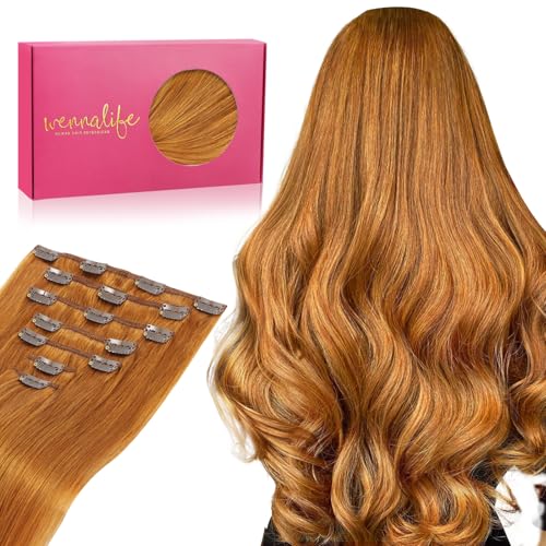 WENNALIFE Clip in Hair Extensions Real Human Hair, 14 Inch 120g 7pcs Clip in Hair Extensions Real Human Hair, Auburn Ginger Human Hair Clip in Extensions Remy Human Hair Extensions Clip Ins Double Wef