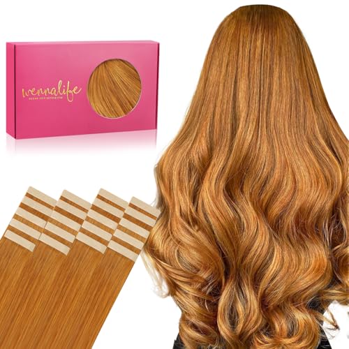 WENNALIFE Tape in Hair Extensions Human Hair, 20pcs 50g 20 inch Auburn Ginger Remy Hair Extensions Straight Human Hair Tape in Extensions Skin Weft Tape Extensions Human Hair