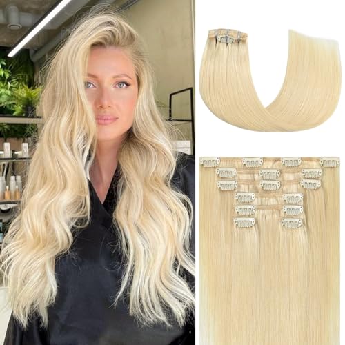 Honsoo Hair Extensions Real Human Hair, Platinum Blonde 20inch 70g 7pcs Clip in Blonde Hair Extensions For Women