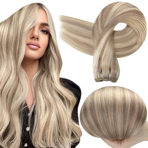 Full Shine Blonde Sew In Weft Hair Extensions Silky Straight Real Hair Wefts Human Hair 105 Grams Sew In Hair Extensions Ash Blonde Highlight Remy Bundles 24 Inch
