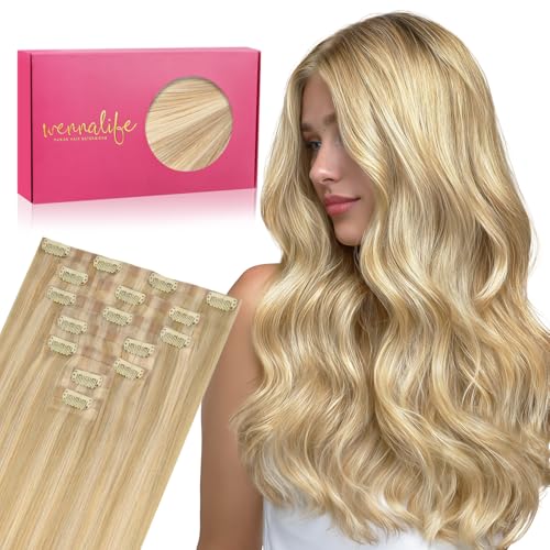 WENNALIFE Seamless Clip In Hair Extensions, 14 Inch 7pcs 130g Light Blonde Highlighted Golden Blonde Hair Extensions Clip In Real Human Hair Extensions Invisible PU Weft Human