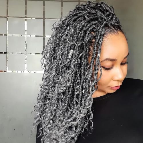 Goddess Locs Crochet Hair 18 Inch 7 Packs Ombre Grey Boho Faux Locs Crochet Hair for Black Women Pre Looped Crochet Locs with Curly Ends (1B/Gray)