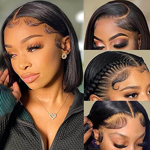 Hihmarm 10 Inch Real Human Hair Wigs For Black Women 13x4 HD Lace Front Wigs Human Hair Pre Plucked Bob Wig Human Hair Glueless Short Straight Frontal Lace Wigs Natural Hairline 180% Density