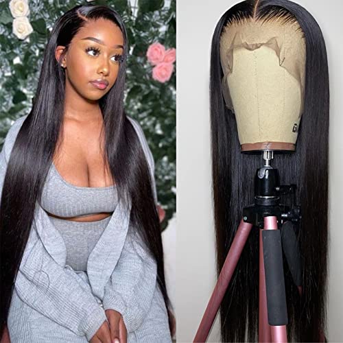 bunGiol 30 inch Lace Front Wig Straight Lace Frontal Wigs Pre Plucked with Baby Hair 180% Density 13X4 Brazilian Virgin Human Hair Wigs for Black Women Natural Black Color