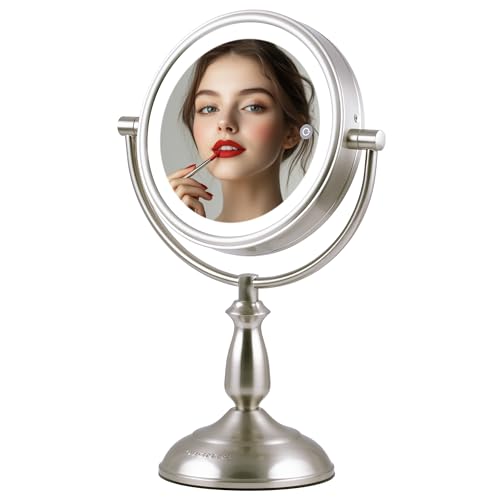 OVENTE 8" Lighted Tabletop Makeup Mirror with 1X/10X Magnification, Double Sided Vanity Mirror, 360 Swivel Design, 3-Tone Smart Touch Glow LED Lights with Auto Shut Off, Nickel Brushed MPT751BR1X10X