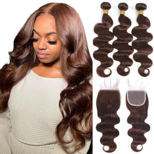 Kapelli Hair Brazilian Body Wave Bundles with Closure (20 22 24+18) 10A Light Brown Body Wave Human Hair Bundles with Lace Closure Brazilian Virgin Hair 3 Bundles with Lace Closure with Baby Hair