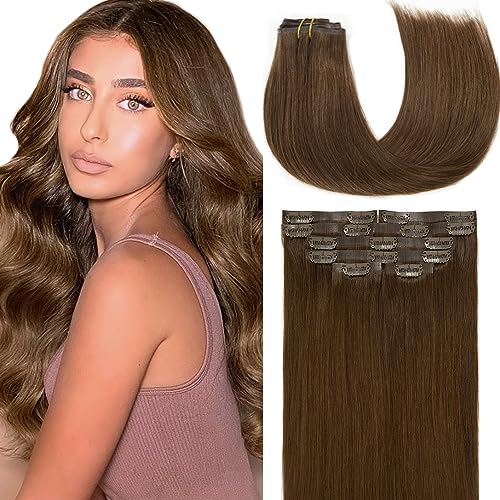 Loxxy Seamless Clip in Hair Extensions Remy Human Hair Chocolate Brown Inviisble PU Hair Extensions Clip in Human Hair Double Weft Silky Straight Thich End #4 7 Pieces 110g 14inch