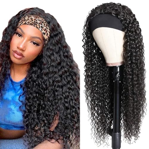 Deep Wave Headband Wig Human Hair 18 Inch Curly Headband Wigs for Black Women Human Hair Glueless None Lace Front Wig Brazilian Virgin Hair Wear and Go Wigs 150% Density Natural Black Color