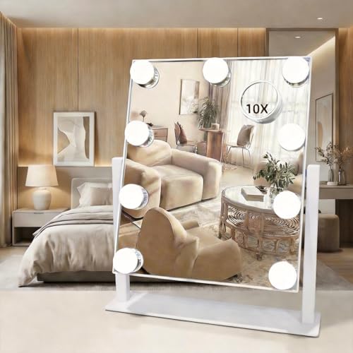 Hollywood Vanity Mirror with Lights, 9 Dimmable LED Bulbs Lighted Makeup Mirror with Detachable 10X Magnification Mirror, 1200mAh Rechargeable, 3 Color Lights, Gifts for Women Mom Teen Girls