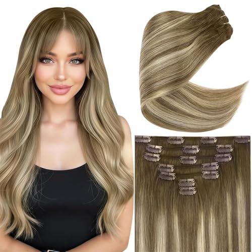 Ve Sunny Human Hair Clip in Extensions Balayage Clip in Hair Extensions Real Human Hair Dark Brown Ombre Light Brown with Blonde Balayage Clip in Human Hair Extensions 120g 7pcs 18inch