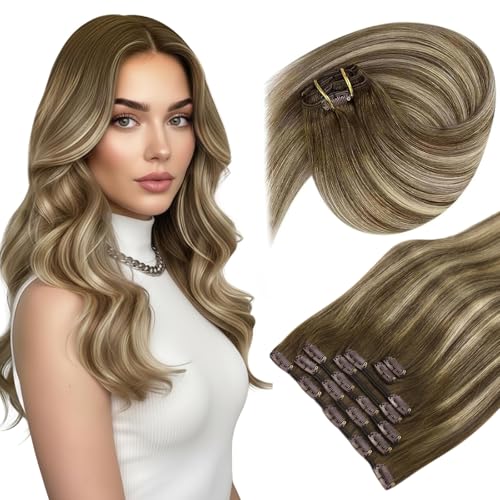 Sunny Hair Clip in Hair Extensions Straight Human Hair Clip in Extensions Remy Clip in Hair Extensions Real Human Hair Extensions Clip ins Ombre Walnut Brown to Light Brown Blonde 18inch