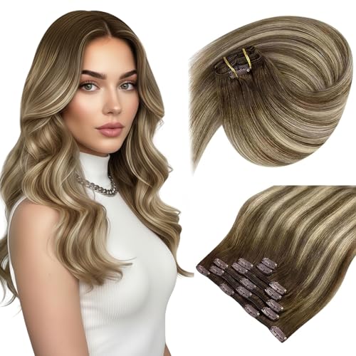Sunny Hair Clip in Hair Extensions Straight Human Hair Clip in Extensions Remy Clip in Hair Extensions Real Human Hair Extensions Clip ins Ombre Walnut Brown to Light Brown Blonde 16 inch