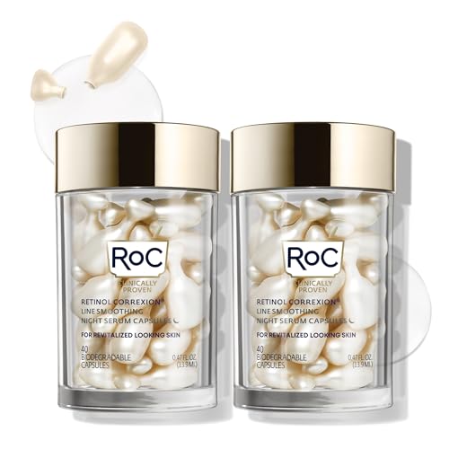 RoC Retinol Correxion Anti-Aging Wrinkle Night Serum, Retinol Serum for Face, Daily Treatment for Fine Lines, Post Acne Scars, 80 Capsules (Limited Edition Value Set), Unscented