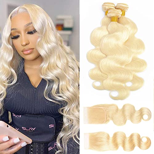613 Blonde Body Wave Bundles Human Hair with Closure (14 16 18+12") 12A Grade Brazilian Virgin 613 Blonde Body Wave Human Hair 3 Bundles with Transparent Lace Closure