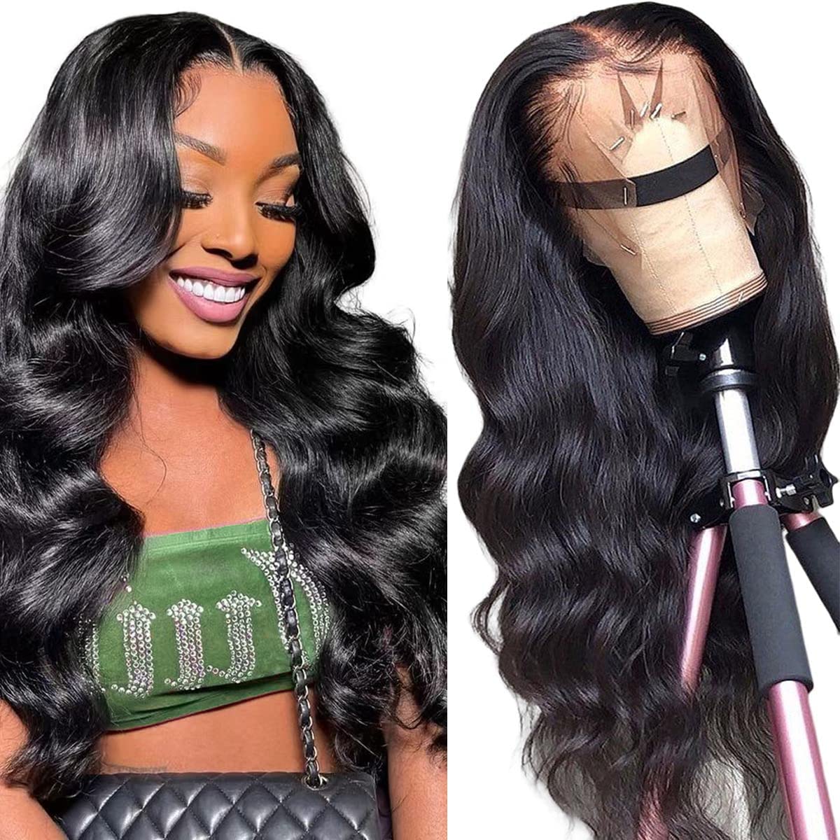 Lace Front Wigs Human Hair Body Wave 13x4 HD Transparent Lace Frontal Wigs For Women 180% Density 9A Glueless Frontal Wigs Human Hair Pre Plucked Brazilian With Baby Hair Natural Black Color 20 Inch
