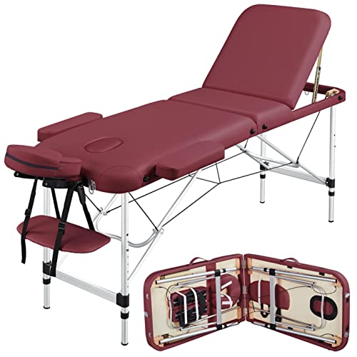 Yaheetech Massage Tables Portable Lash Bed for Eyelash Extensions Aluminium Tattoo Table Height Adjustable Spa Bed Lightweight with Non-Woven Bag, Burgundy