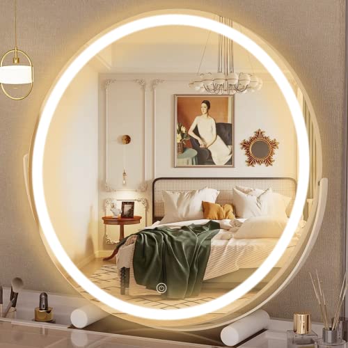 Hasipu Vanity Mirror with Lights, 18" LED Lighted Smart Touch Control 3 Colors Dimmable Round Mirror 360Rotation White
