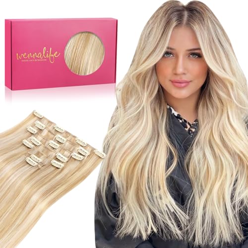 WENNALIFE Clip in Hair Extensions Human Hair 18 Inch 120g 7pcs Dirty Blonde Highlighted Bleach Blonde Hair Extensions Clip in for Women Real Human Hair Rallonge Cheveux Extensions