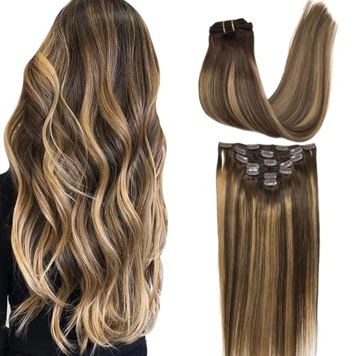 GOO GOO Clip in Hair Extensions Real Human Hair, Remy Human Hair Extensions Clip ins for Women, Natural Human Hair, 12inch 85g 7Pcs, 4/27/4 Balayage Chocolate Brown to Caramel Blonde