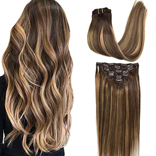 GOO GOO Clip in Hair Extensions Real Human Hair, Remy Human Hair Extensions Clip ins for Women, Natural Human Hair, 26inch 135g 7Pcs, 4/27/4 Balayage Chocolate Brown to Caramel Blonde