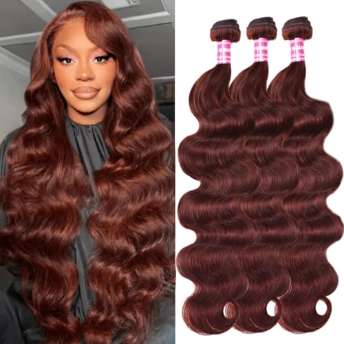UNICE Reddish Brown Body Wave Human Hair Weave 4 Bundles 26 26 26 26 inch, Brazilian Remy Hair Auburn Brown Copper Red Human Hair Wavy Weaves for Sew in Extensions 33B Color